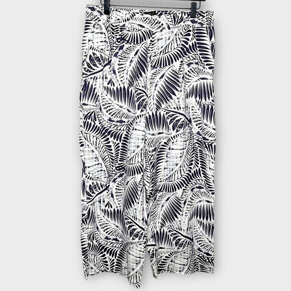 TAHARI navy/white leaf print 100% linen wide leg crop pull on pants size large - Picture 2 of 6